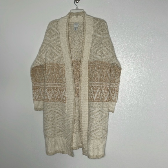 Joie Cardigan Open Front Longline Nordic Knit Beige Size Large - Picture 2 of 5